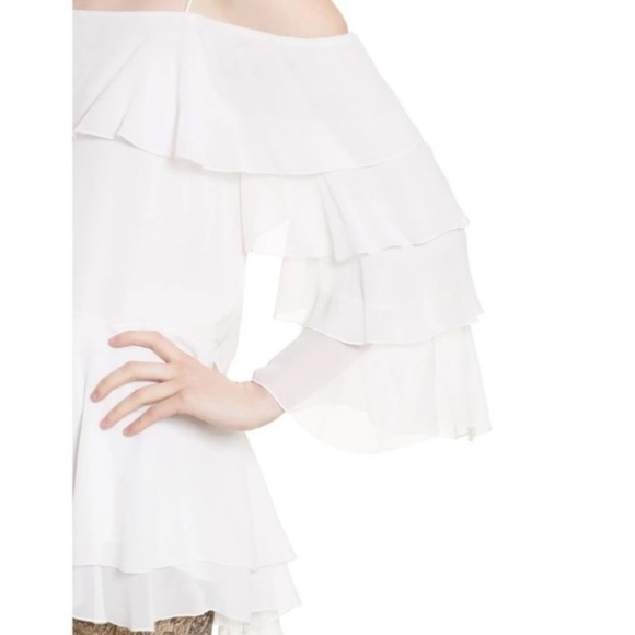 NWT Alice + Olivia Lexia Lyrd Cold-shoulder Ruffled Chiffon Blouse Off White M - Picture 5 of 9